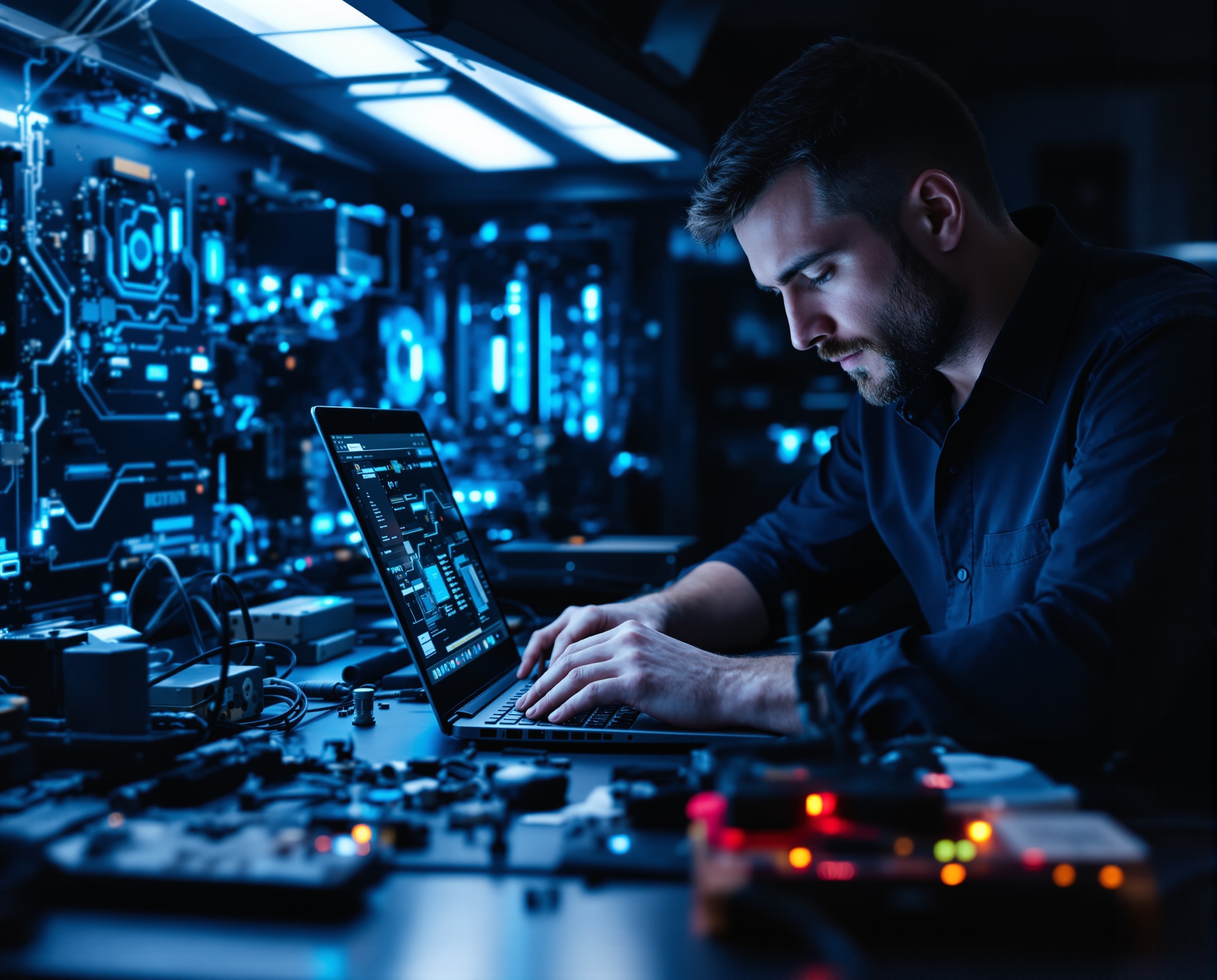 IT support technician working on a client's computer with diagnostic tools