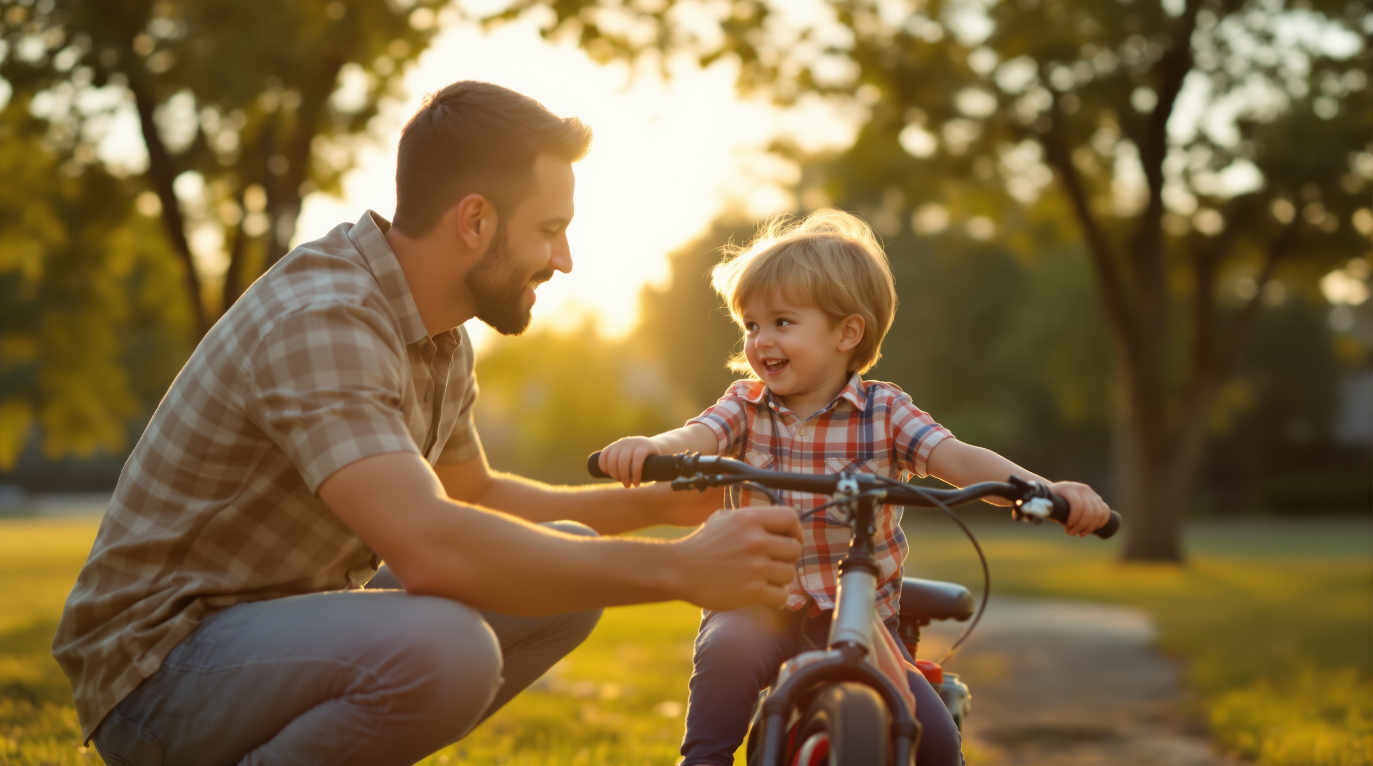 Father teaching child to ride a bike