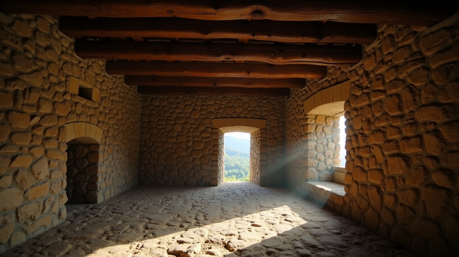 Interior of Basque farmhouse with oak beams and stone walls — pre-purchase structural inspection