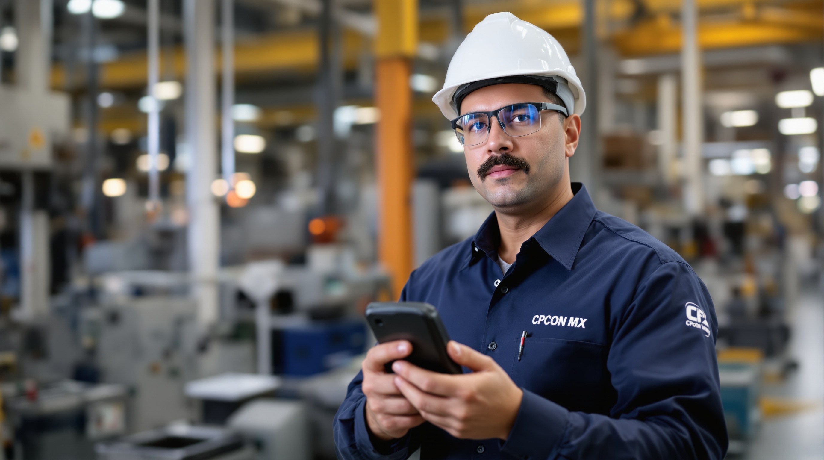 Técnico CPCON MX realizando gestión de activos fijos con tablet industrial