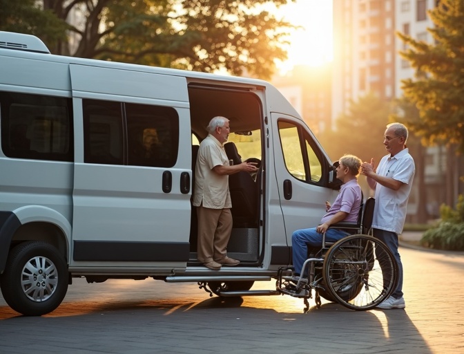 前金日照中心無障礙交通接送服務車輛,配備輪椅升降設備,專業司機協助高雄市長者安全上下車