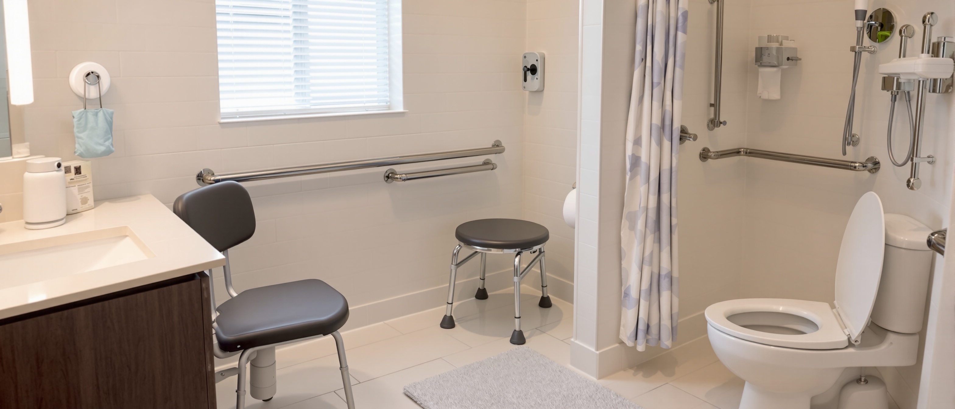 Safe bathroom setup with grab bars and shower chair for seniors