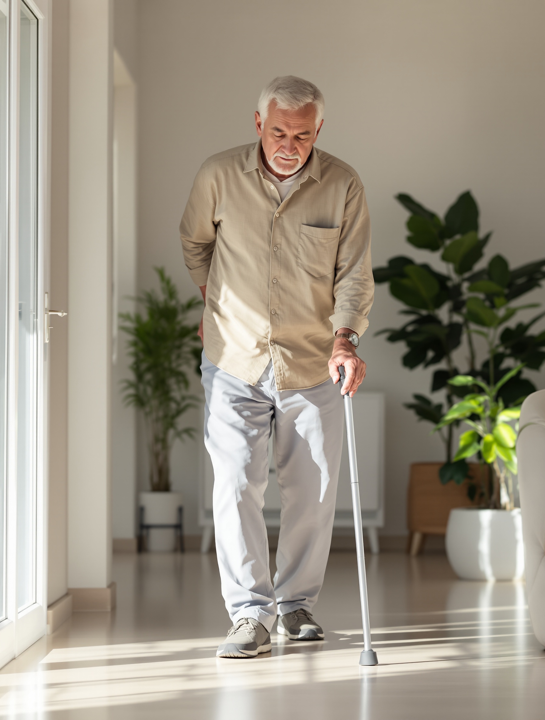 Senior man showing correct cane walking steps