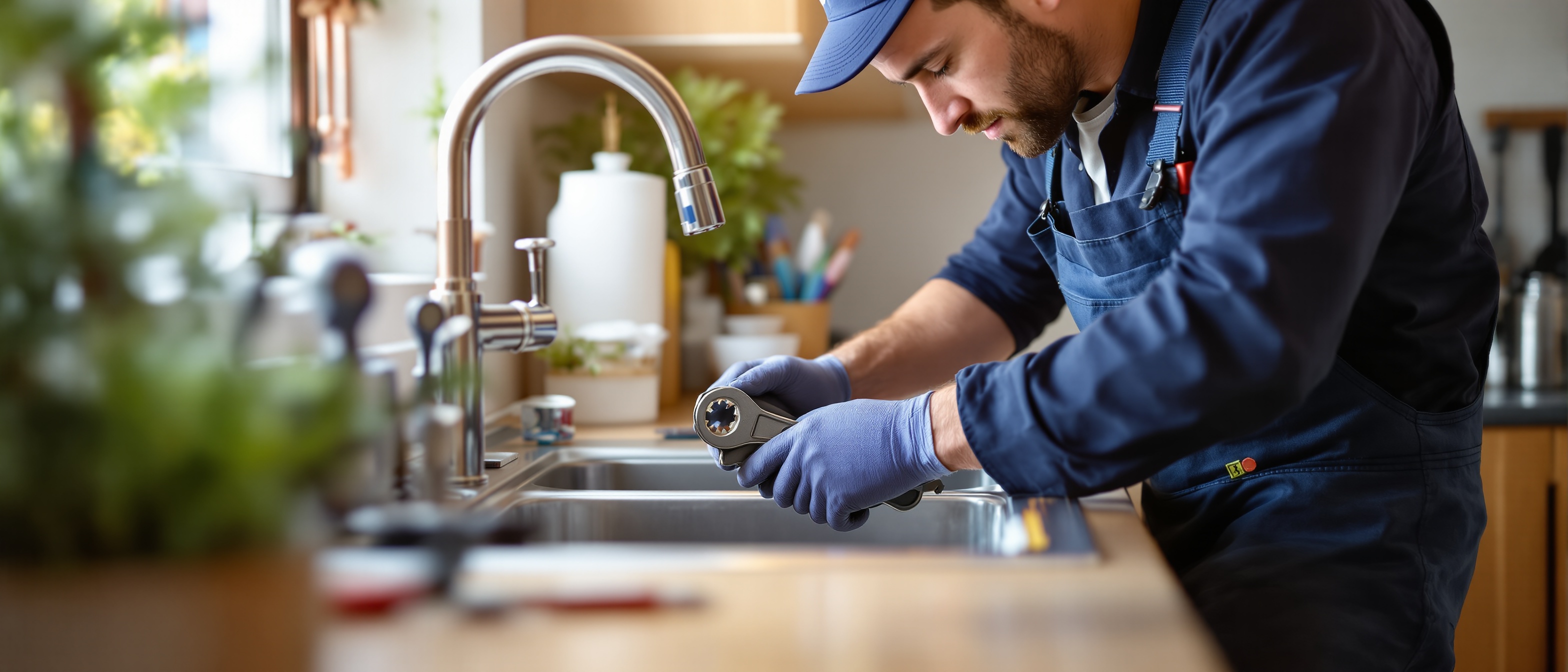 Professional plumber installing kitchen tap