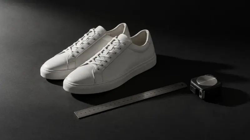 Sneakers bianche accanto a un righello metallico su carta carbone
