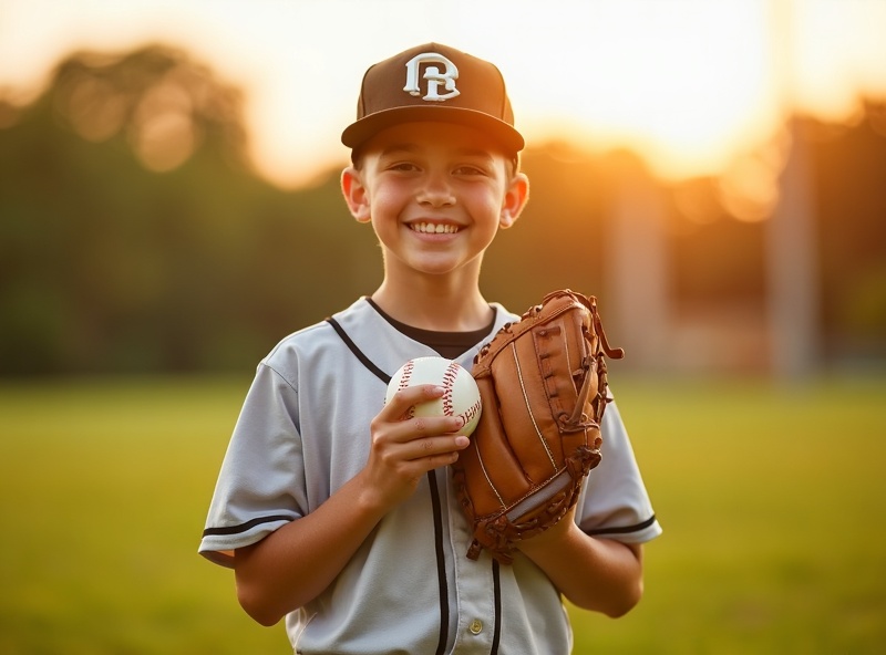 A young youth athlete smiling proudly on a baseball field at golden hour