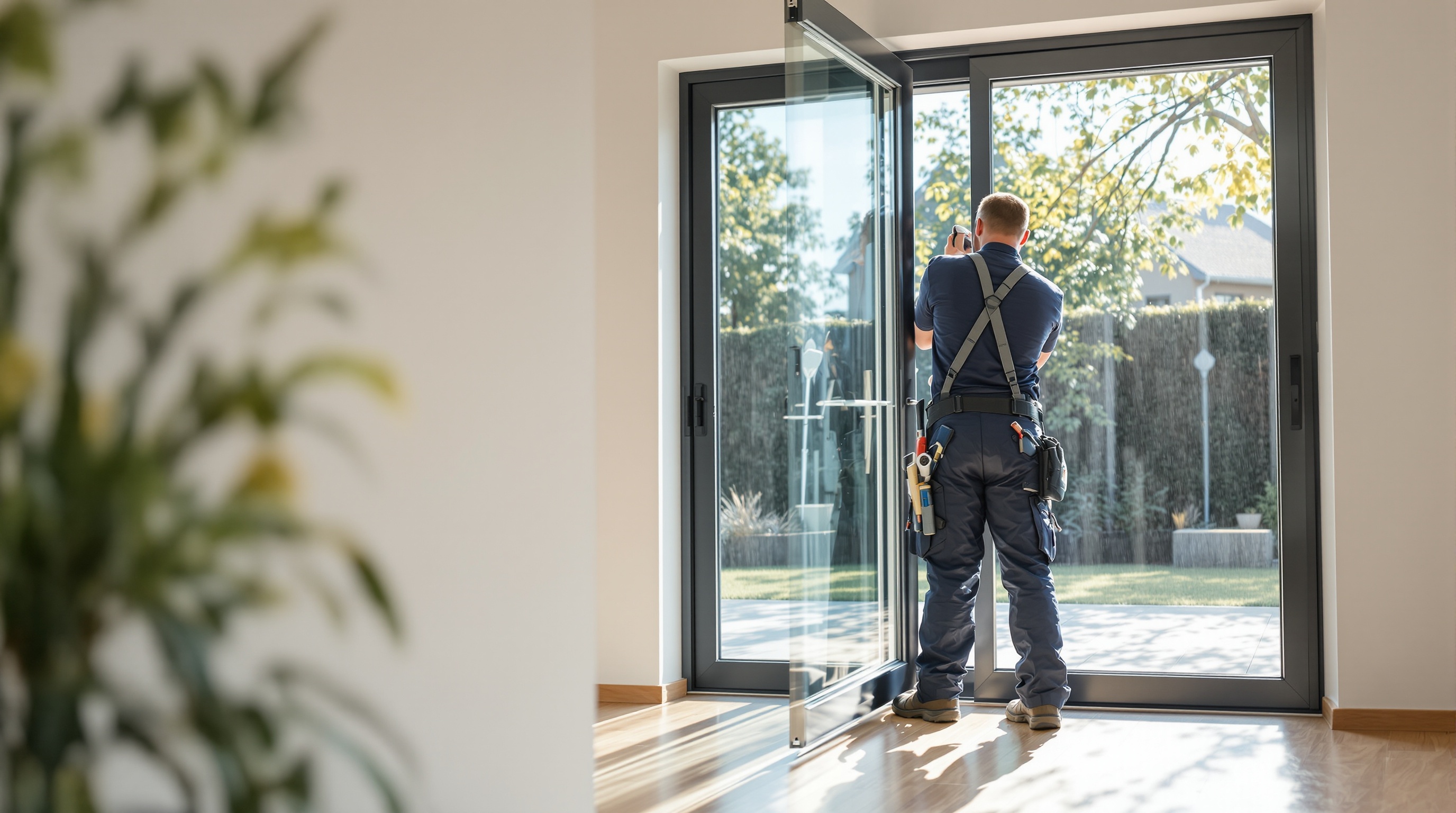 Technicien professionnel réparant une porte patio dans une maison du Québec