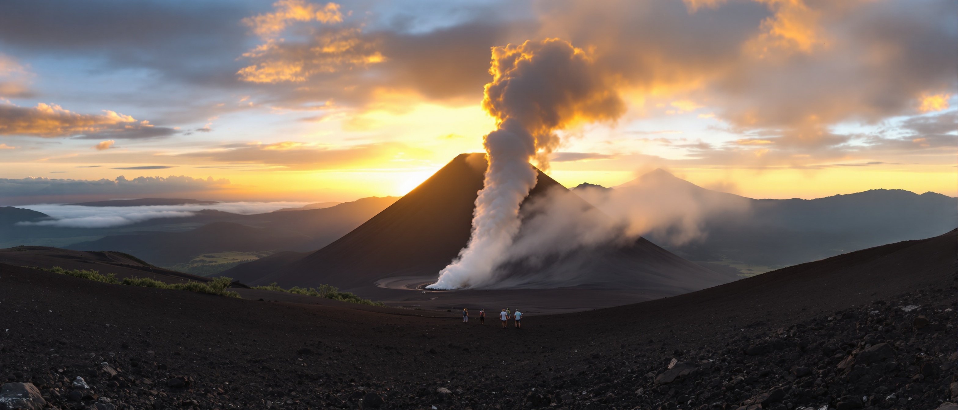 Pacaya volcano with smoke rising from the crater and hikers on lava fields