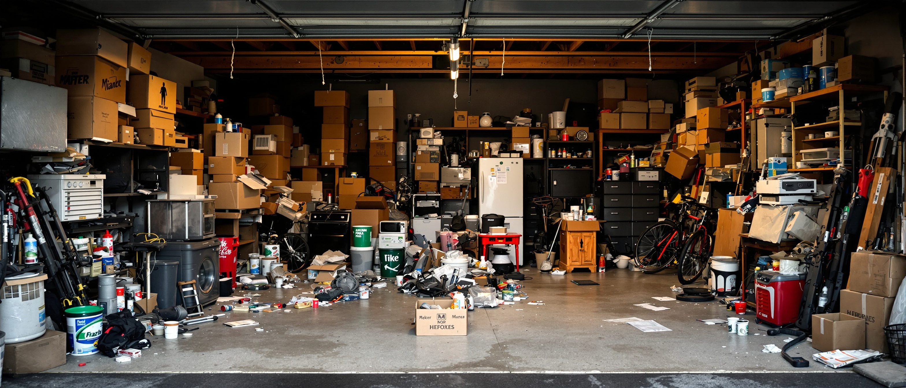 Cluttered garage before cleanout