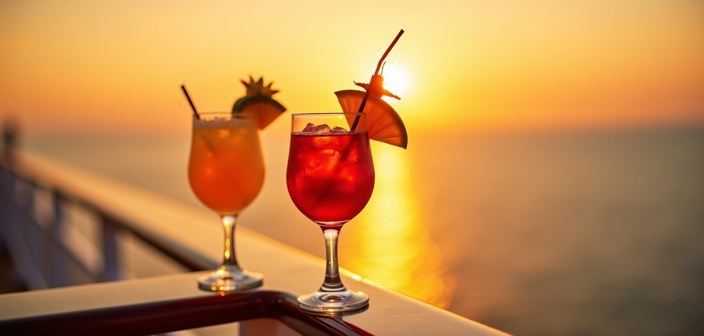 Cocktails on a cruise ship deck at sunset