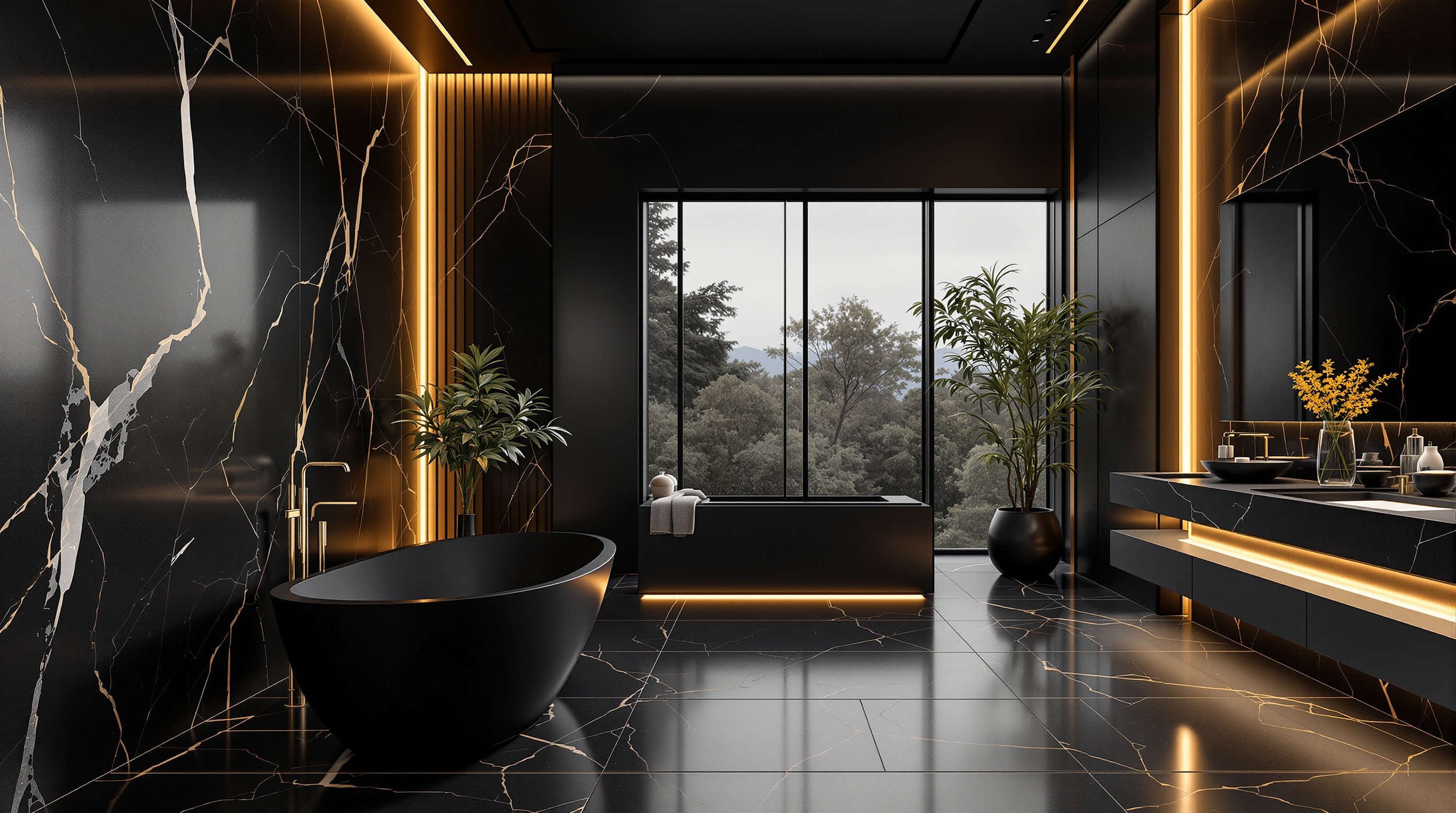 Luxury bathroom showroom with freestanding bathtub marble walls warm ambient lighting gold accents elegant European design premium interior photography