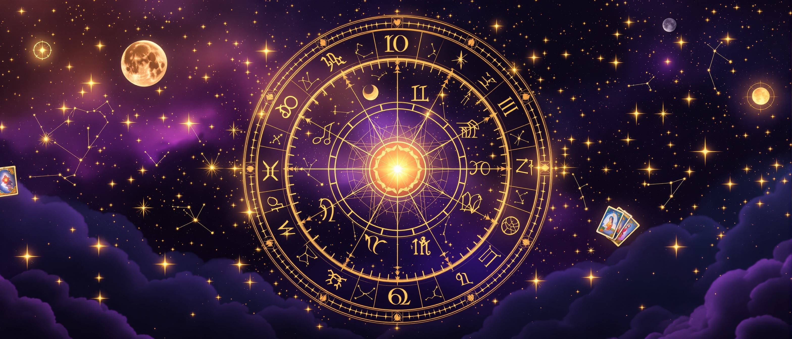 Horóscopo 2026 — rueda zodiacal dorada sobre cosmos púrpura