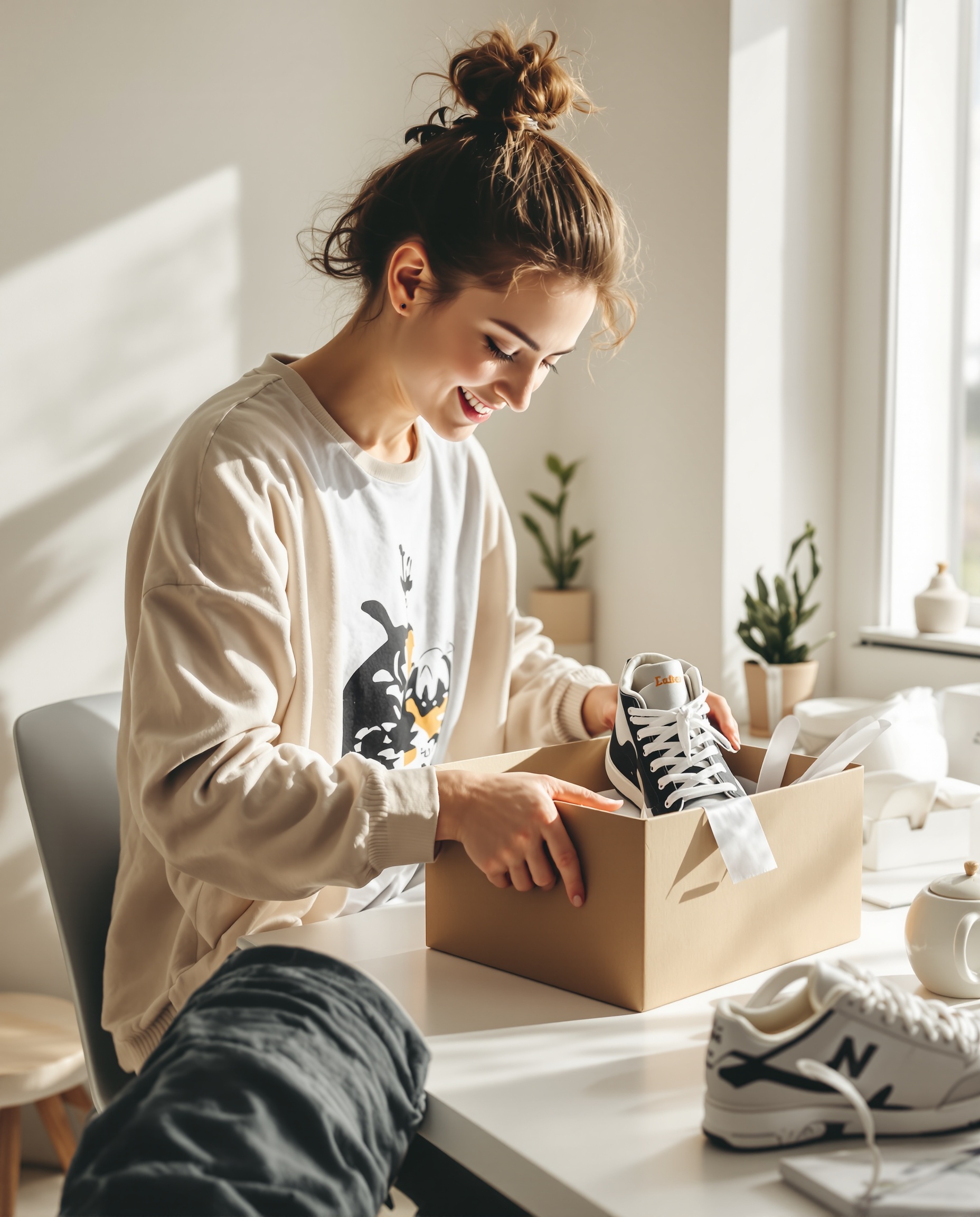 Happy shopper unboxing sneakers