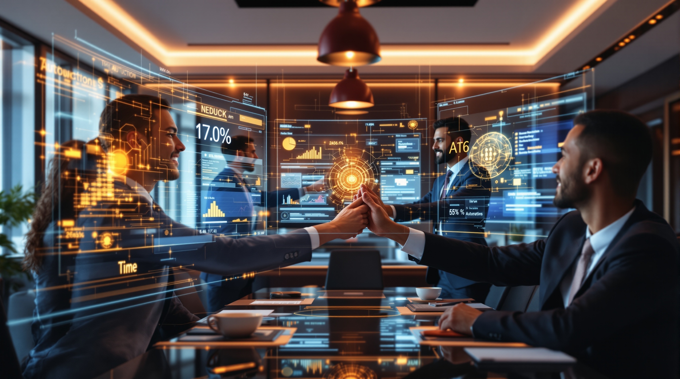 Consulting team celebrating automation success with time reduction metrics