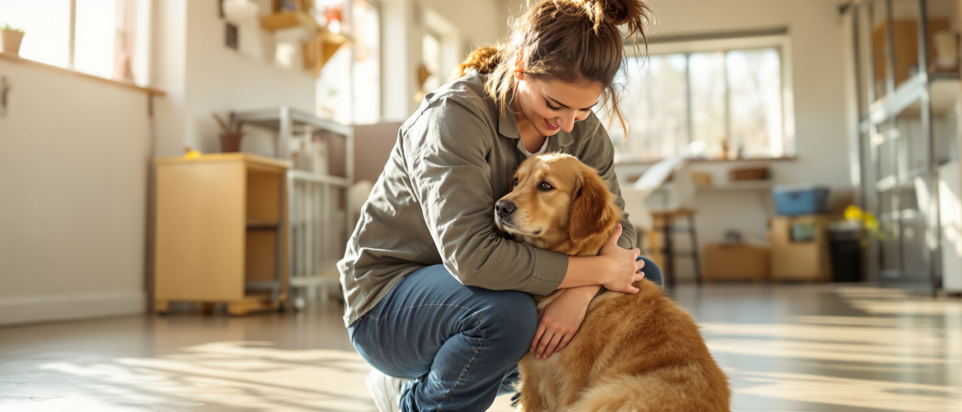 Shelter volunteer embracing a rescue dog and other animals