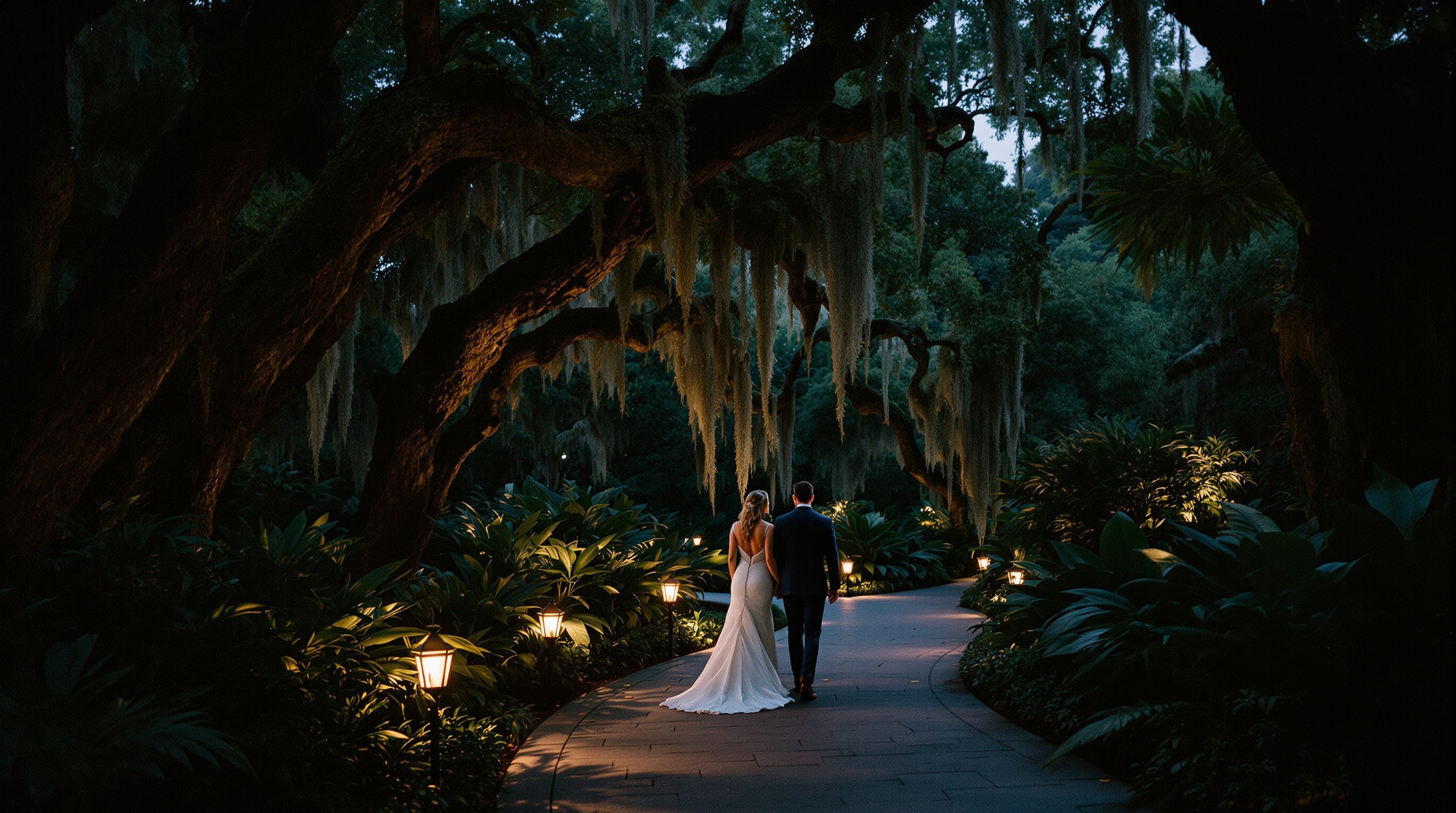 Sebastian and Amara walking through a moonlit botanical garden