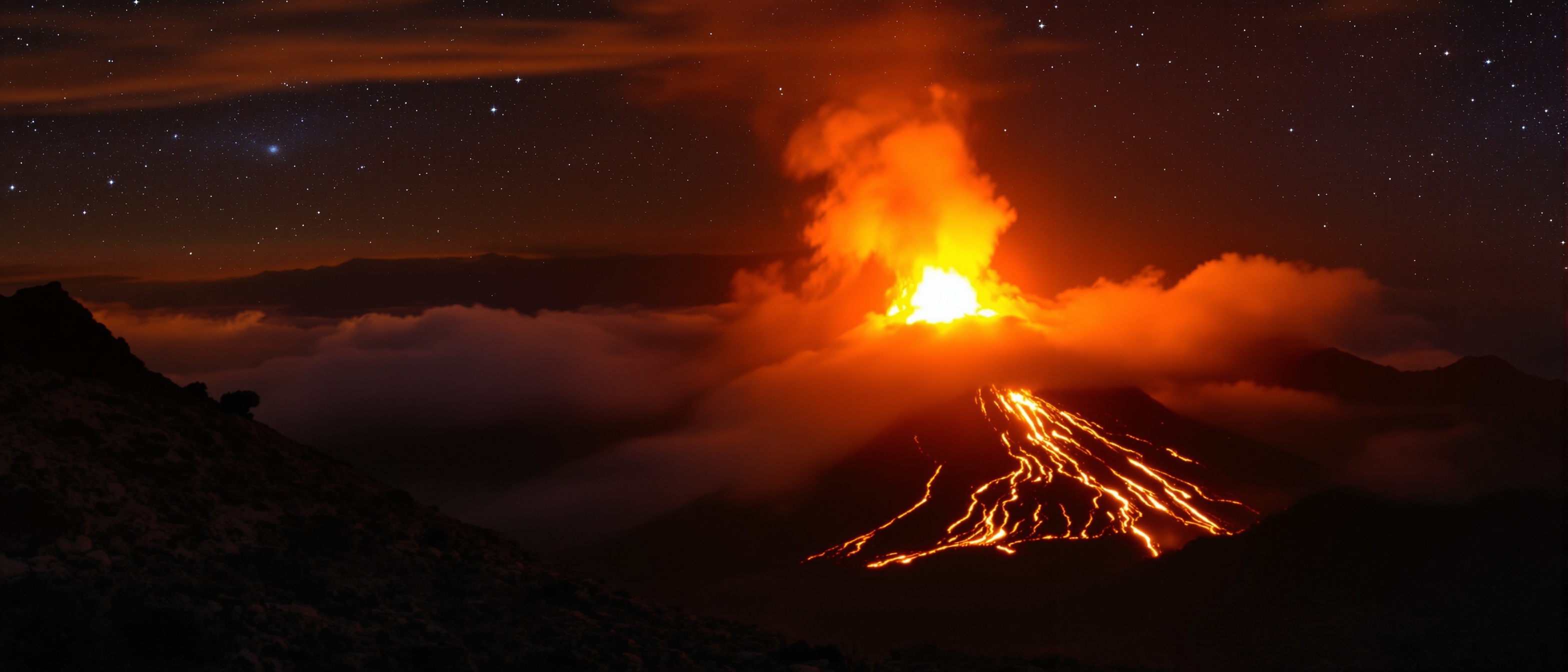 Acatenango volcano Guatemala — summit view with Fuego volcano erupting at night, glowing lava and ash cloud