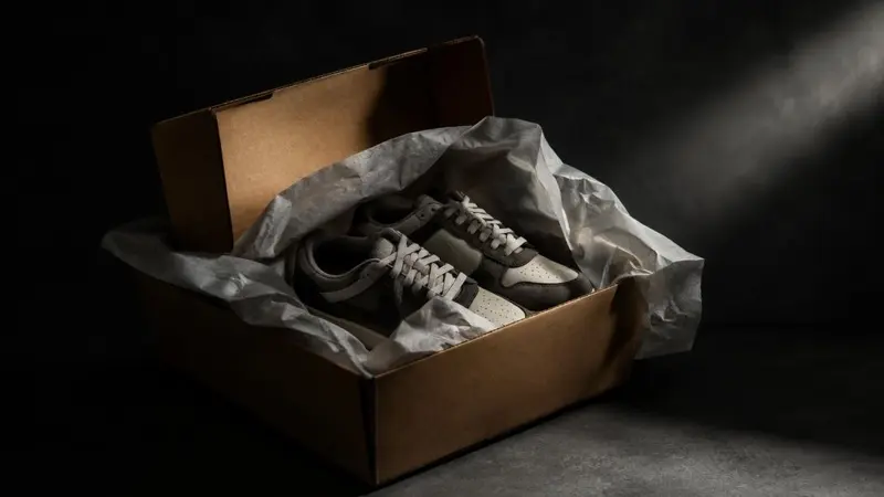 Pacco aperto con carta velina e sneakers all'interno