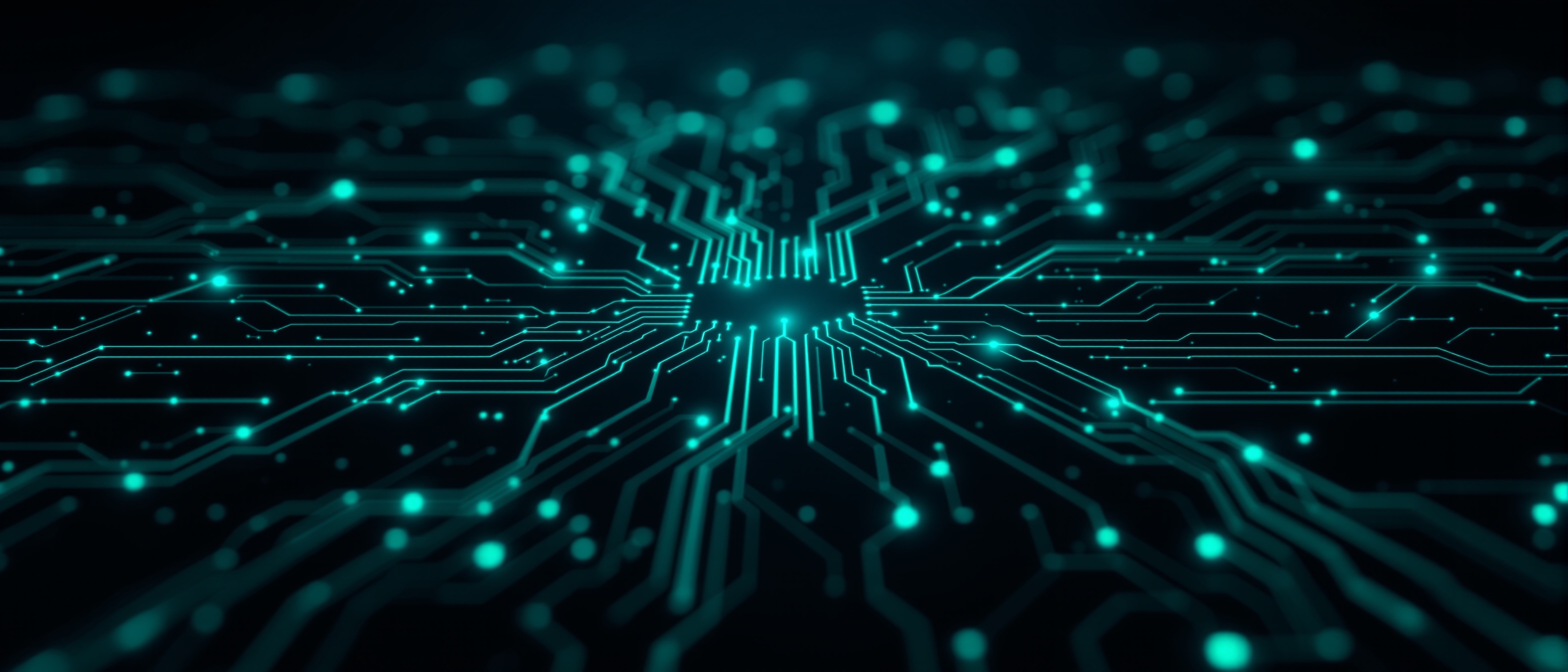 Abstract teal cybersecurity network topology circuit board pattern