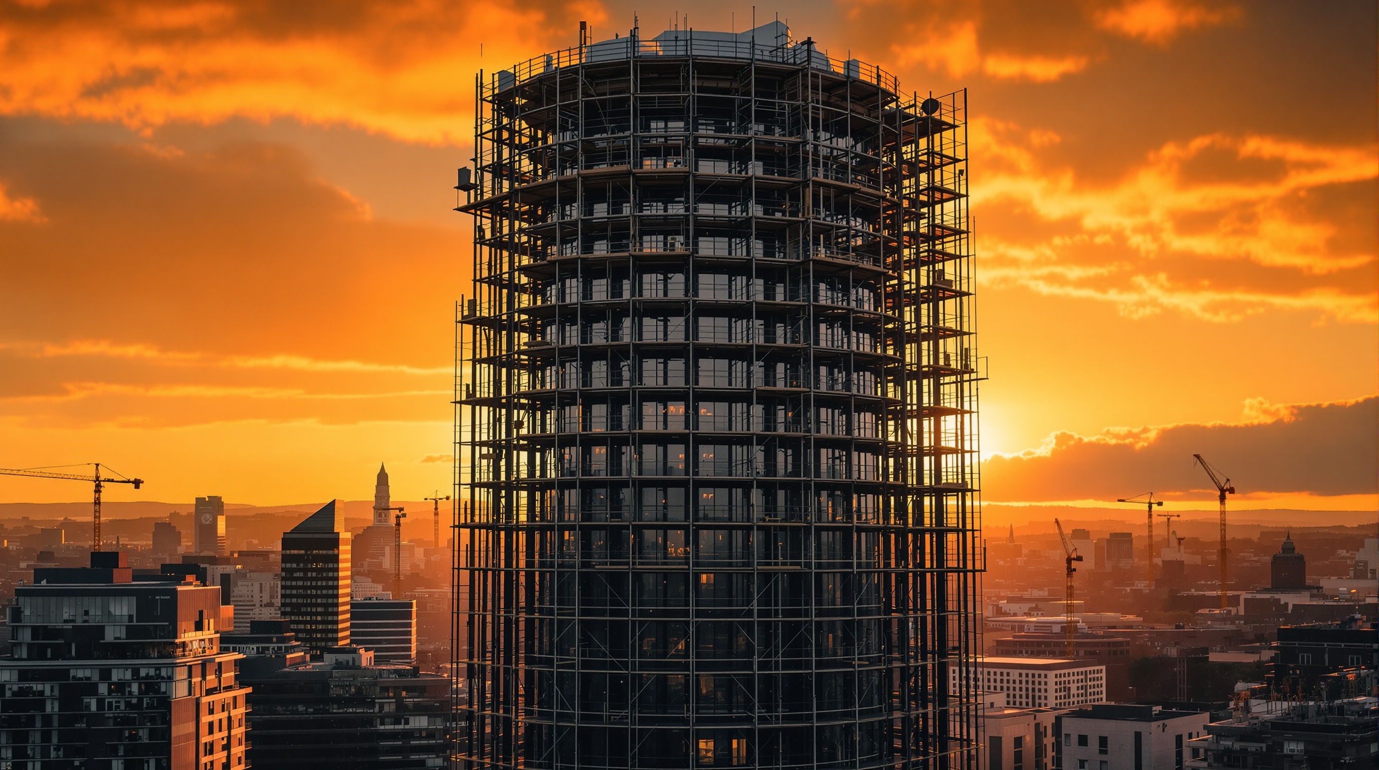 UK construction site aerial view with steel frame and scaffolding at golden hour
