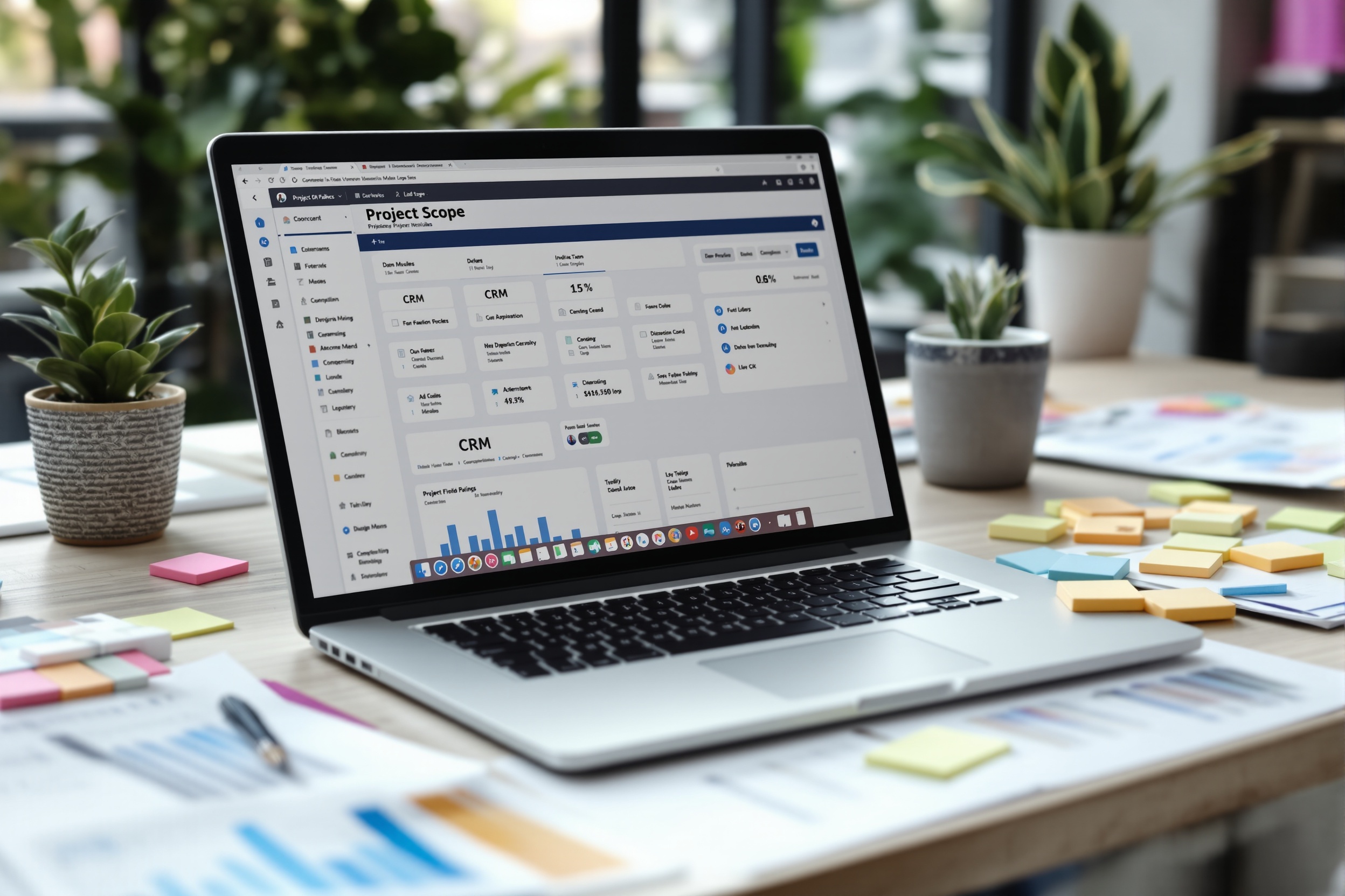 Professional workspace with CRM scope document, laptop showing project planning diagrams