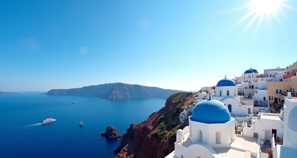 Santorini Greece aerial view bright daytime