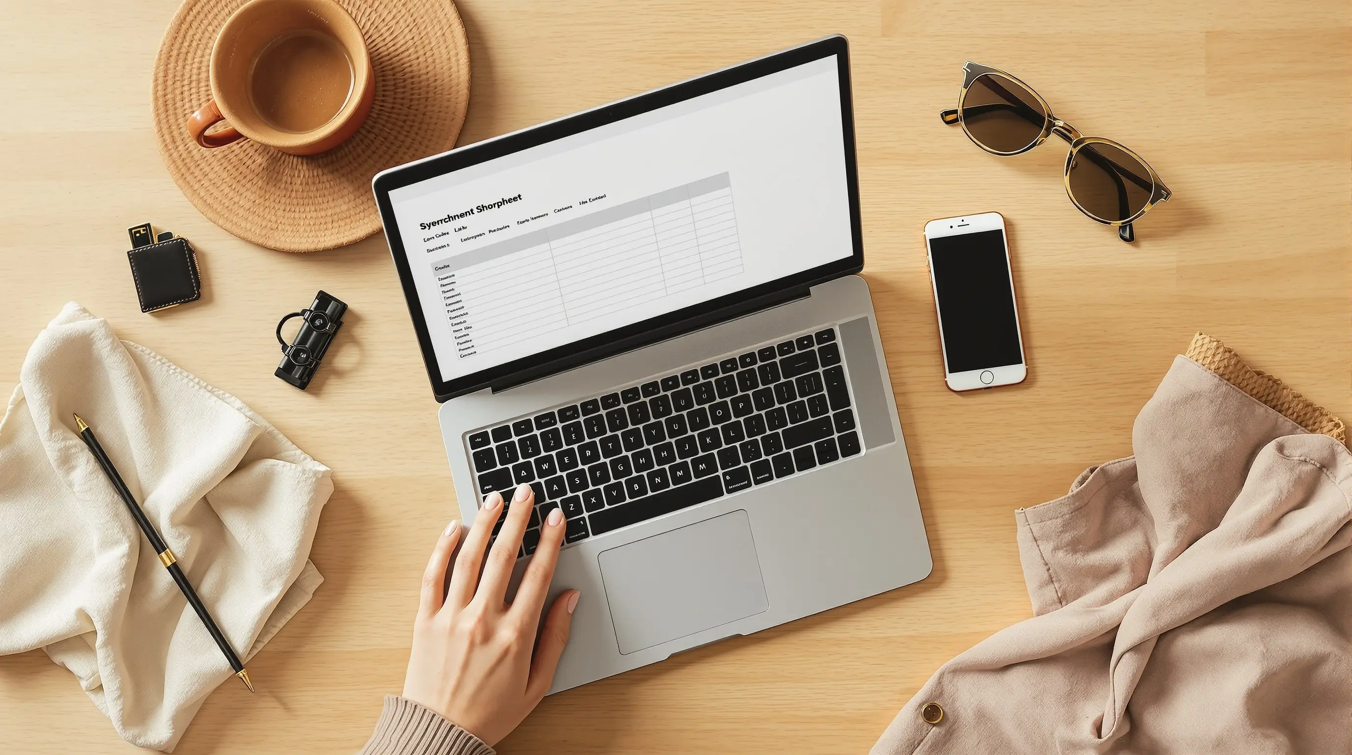 Arbeitsplatz mit Laptop und handschriftlicher Einkaufsliste