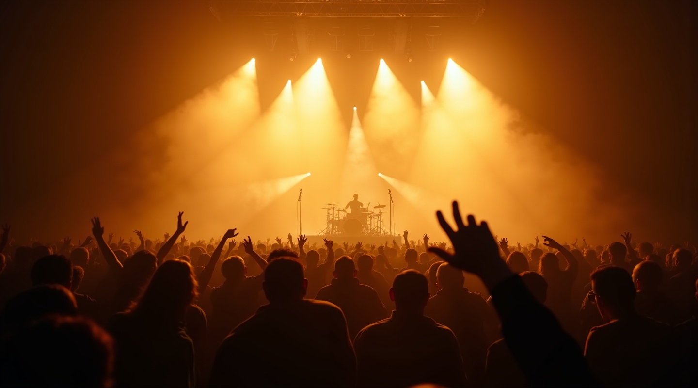 Live concert with golden stage lighting and crowd silhouettes