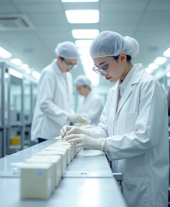 South Korean cosmetics manufacturing facility with technicians in white lab coats working alongside high-tech formulation equipment