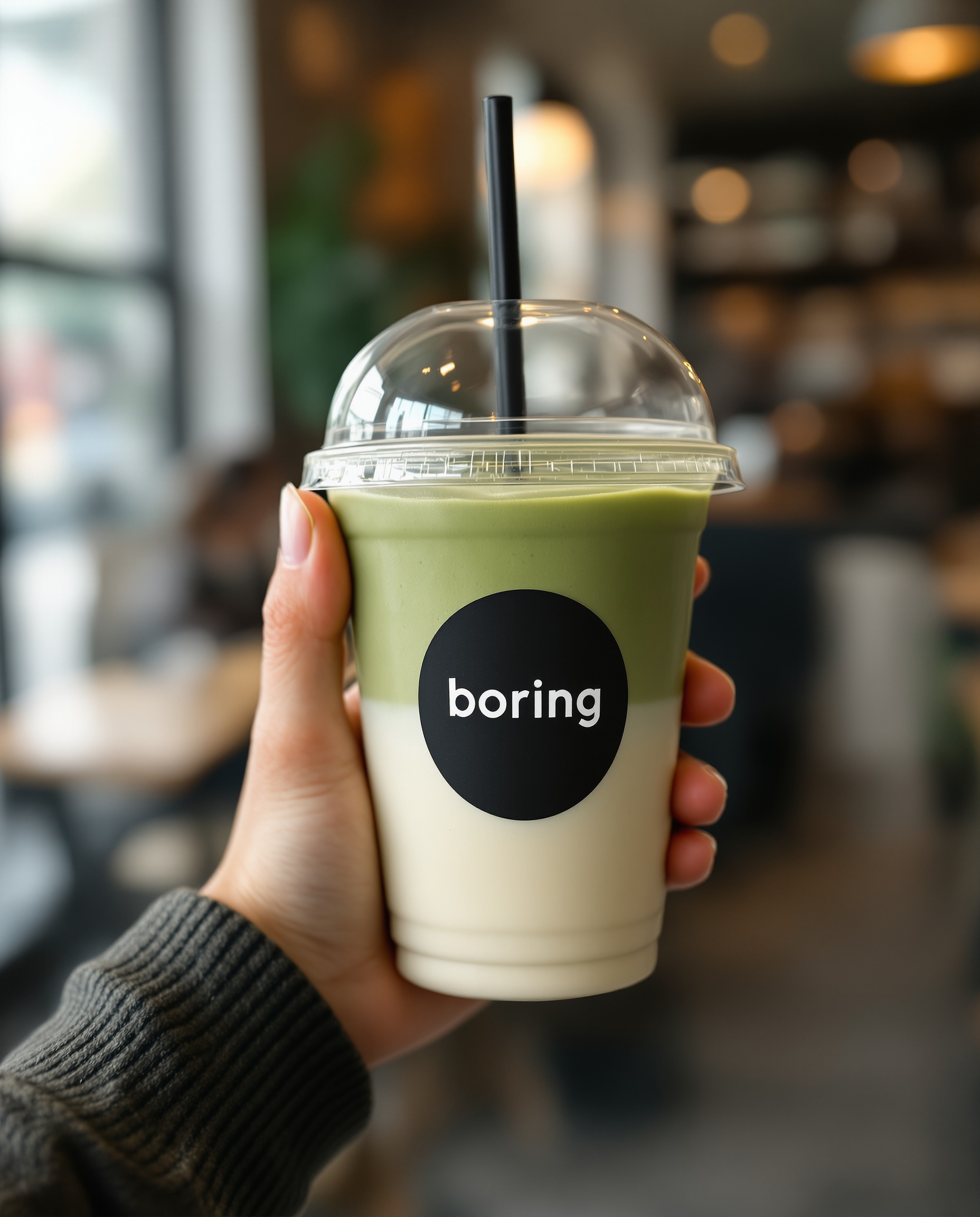 Boring Coffee branded iced matcha latte in hand