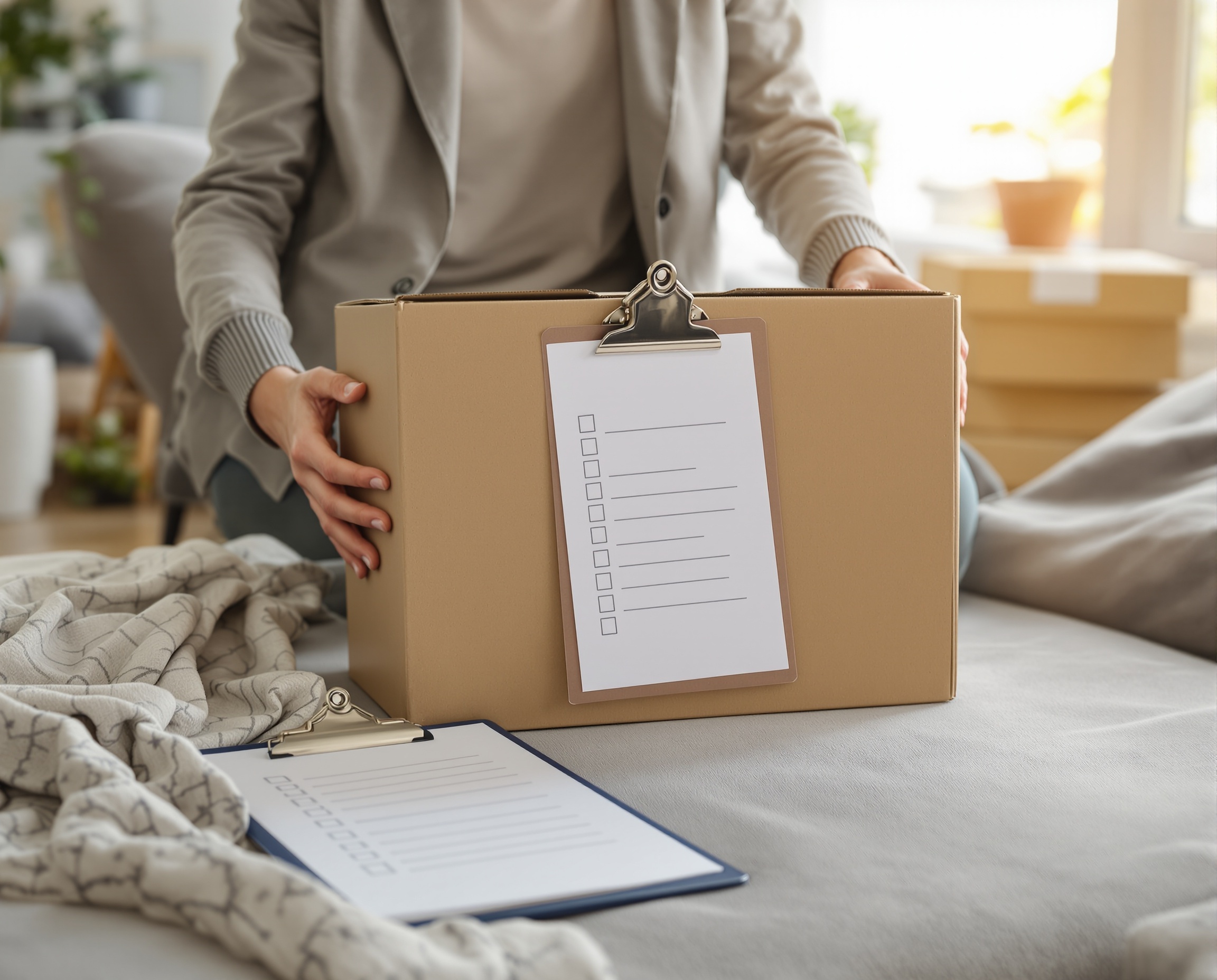 Person packing a box with a checklist, symbolizing moving on
