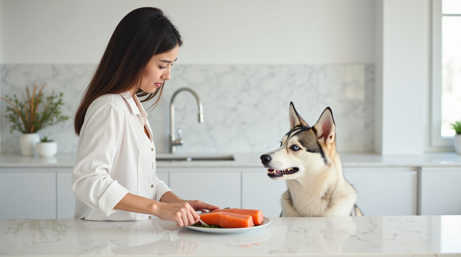 Mujer preparando comida natural fresca para su perro en cocina luminosa con luz natural