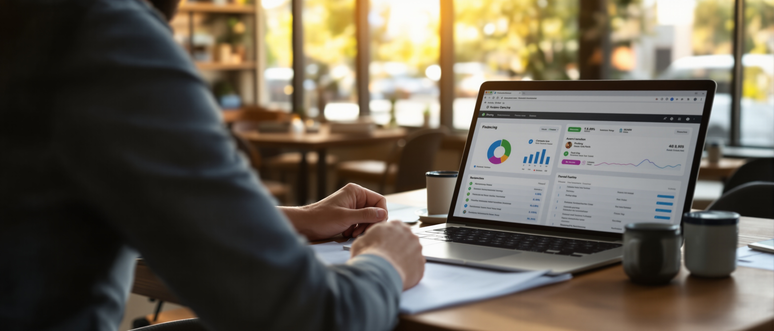 Small business owner meeting with a financing advisor reviewing loan documents and funding roadmap on a laptop in a warm professional setting