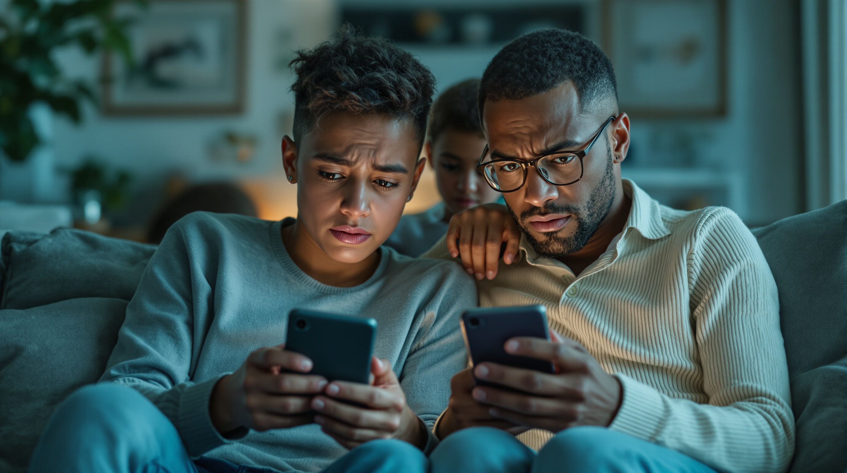 Worried parents concerned about their children absorbed in mobile devices