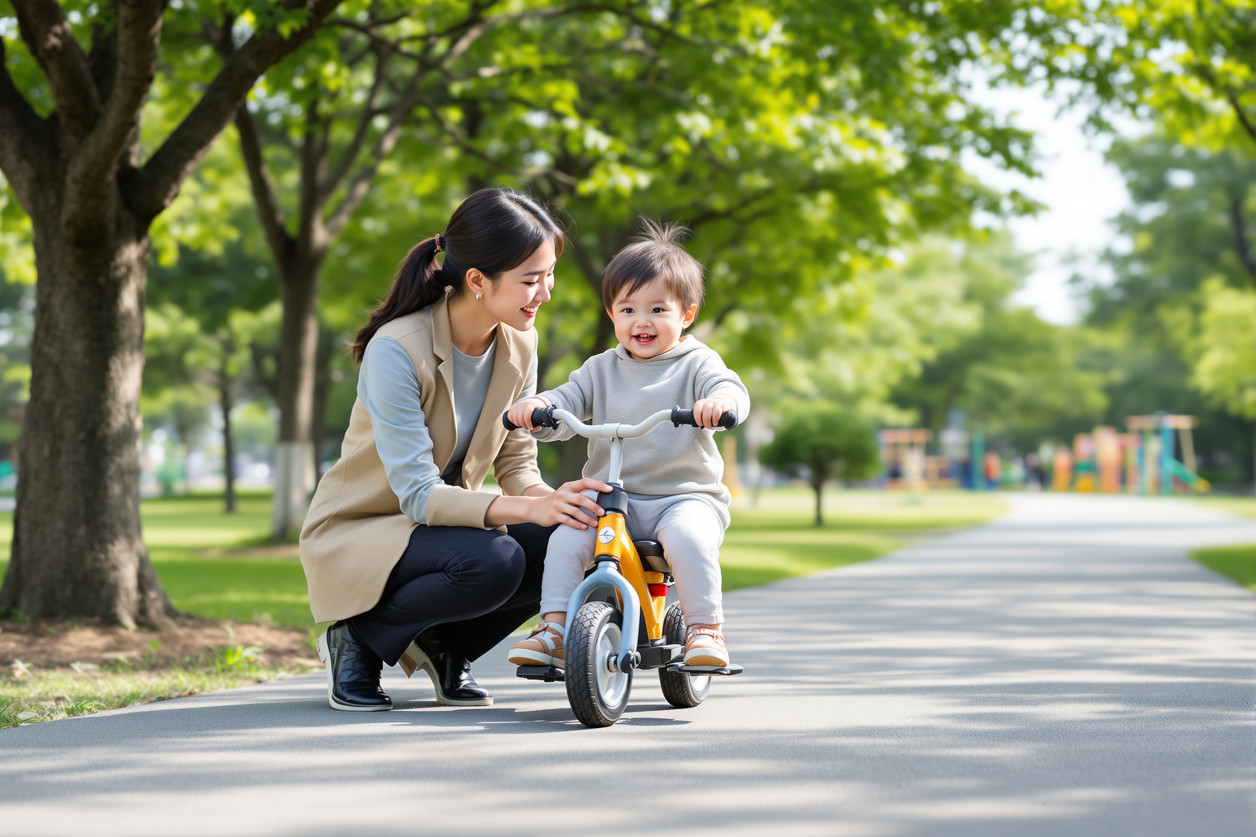 キックバイクでバランス練習をする日本人の親子
