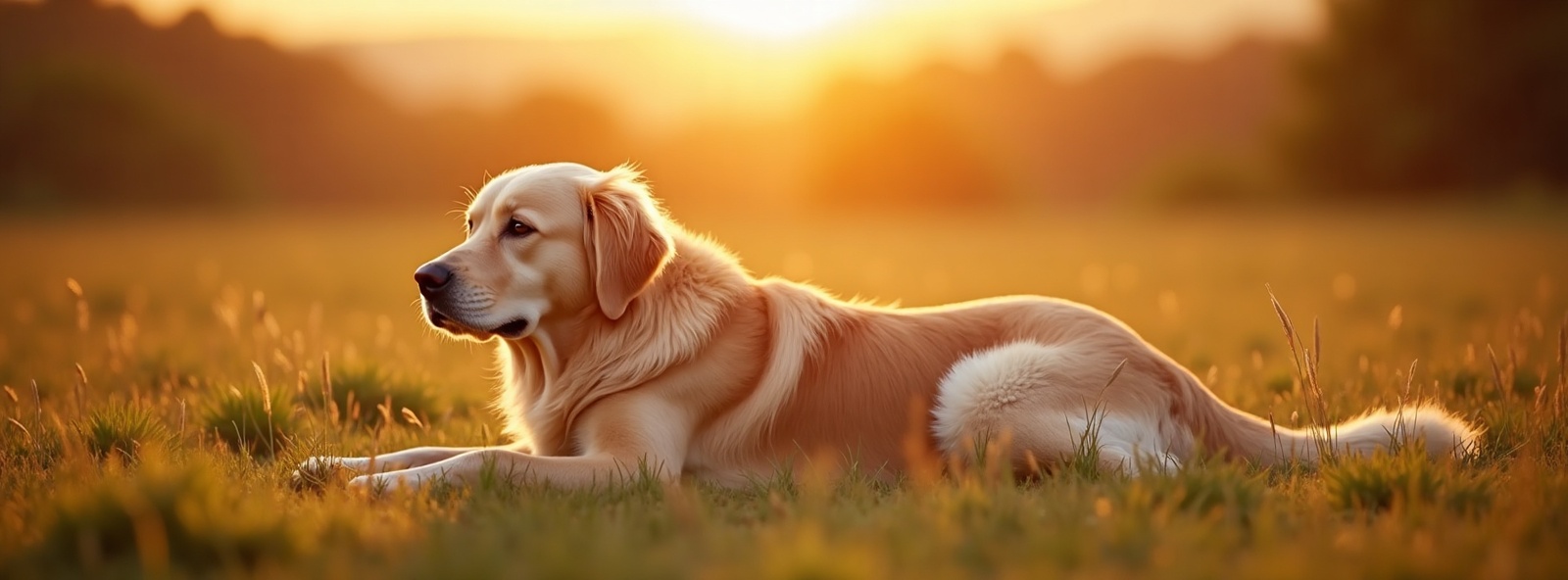 Calm golden retriever resting peacefully in a sunset meadow