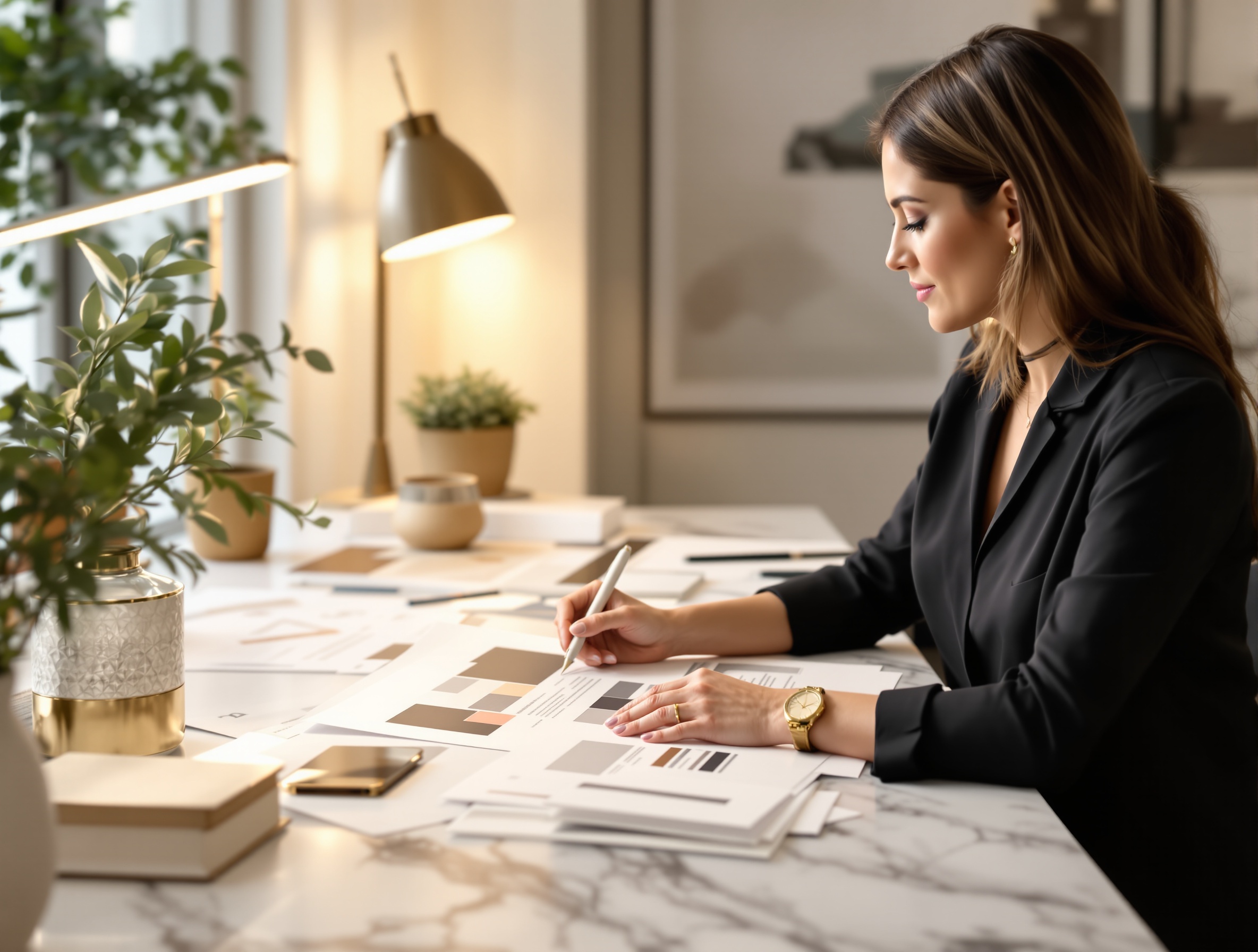 Professional interior designer reviewing proposals