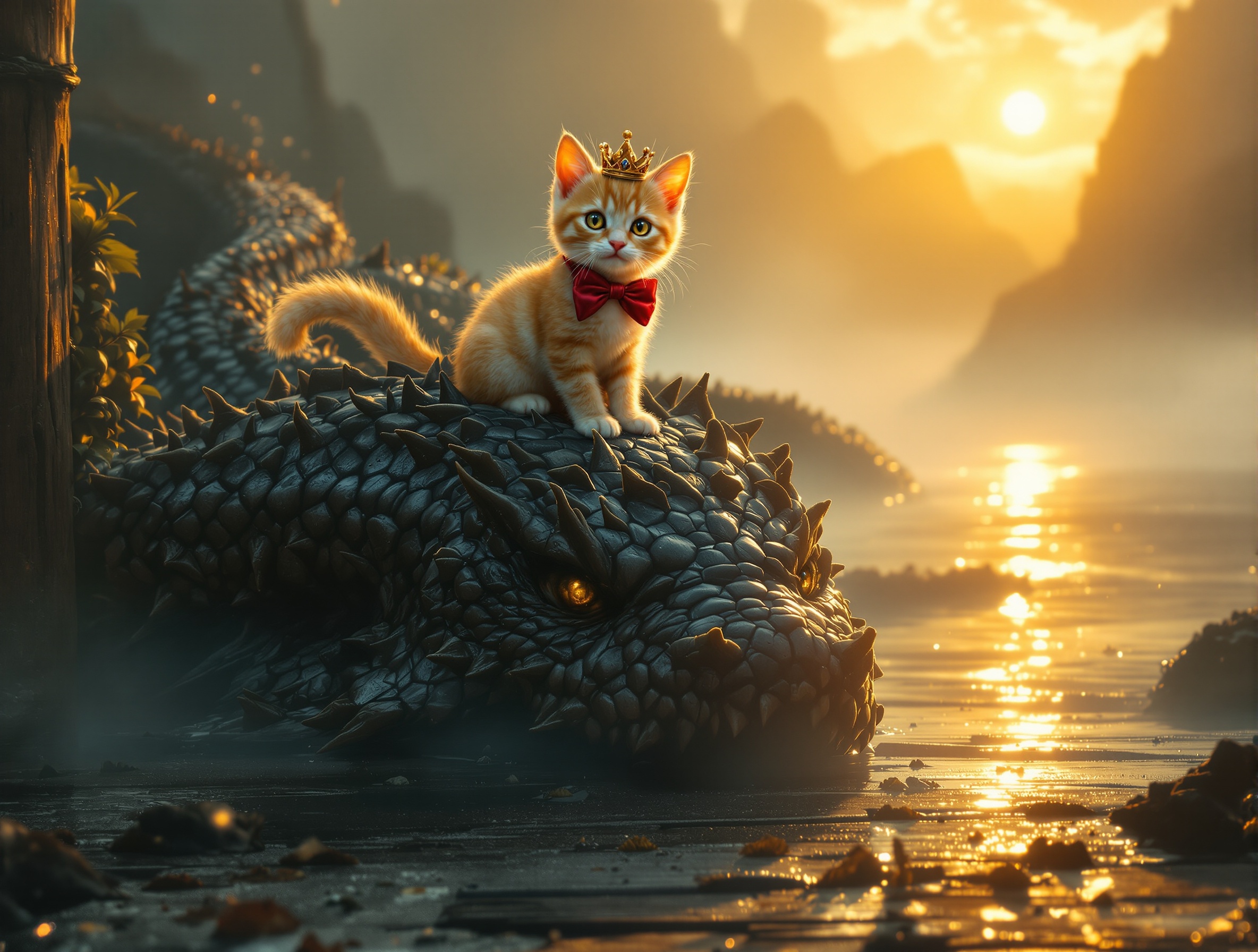 Killer Kittie the reigning cryptid champion perched atop a subdued Hubby at dawn on the BSS Kittie dock