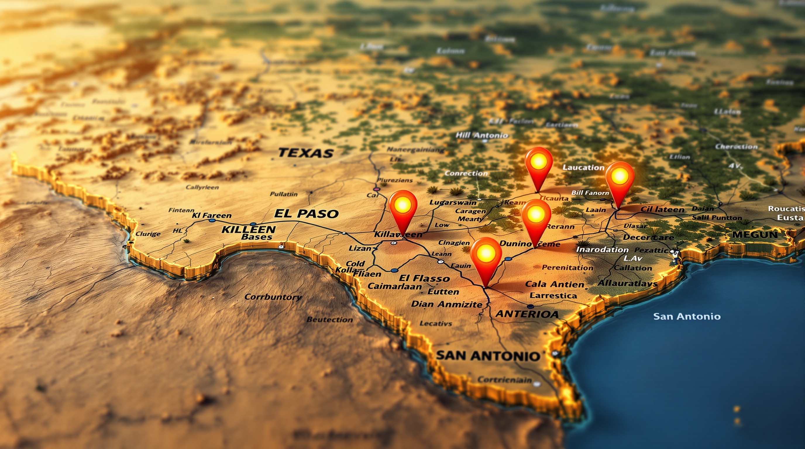 Map of Texas showing Fort Bliss El Paso Fort Cavazos Killeen and JBSA San Antonio military installations for BAH comparison