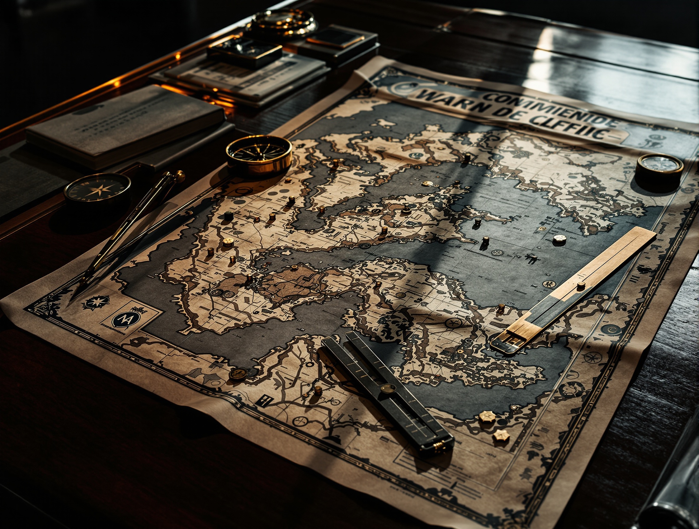 A tactical strategic map spread across a dark command table in a modern war room