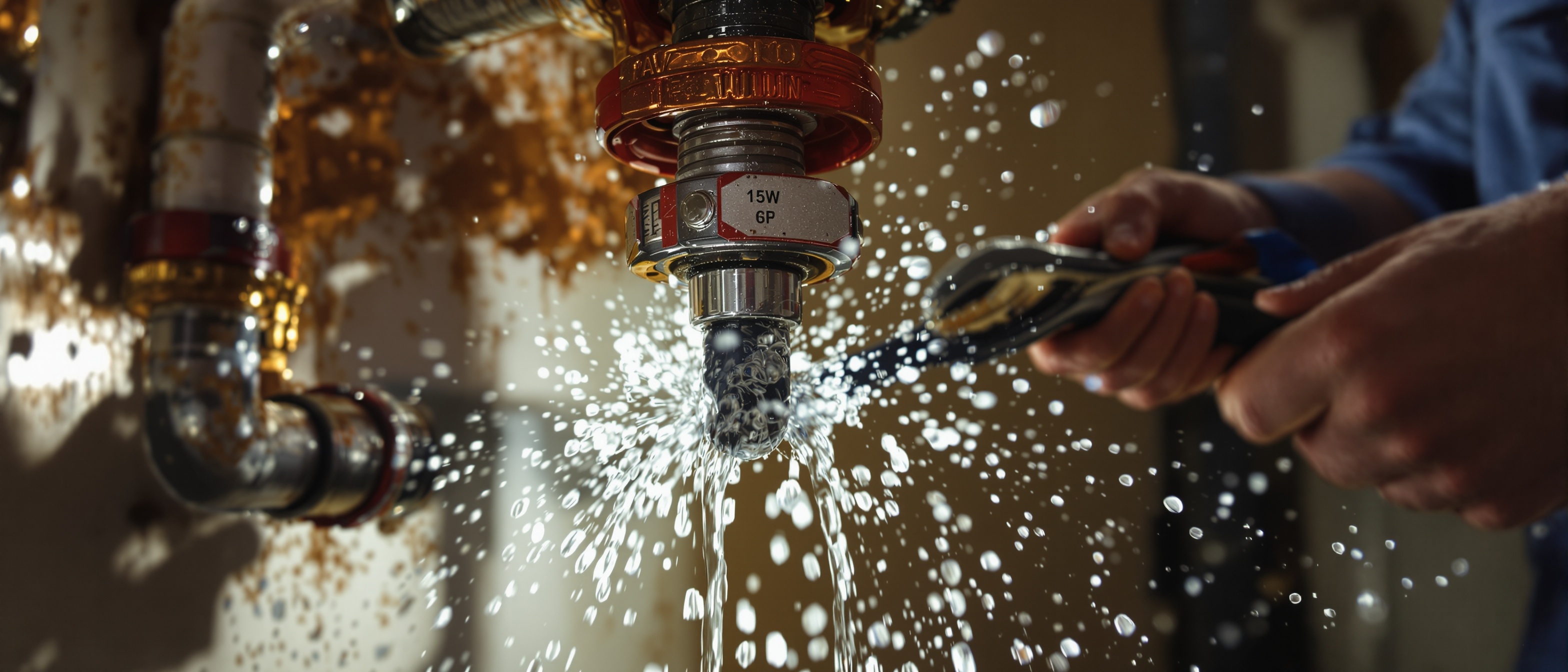 Plumber repairing leaking pipe