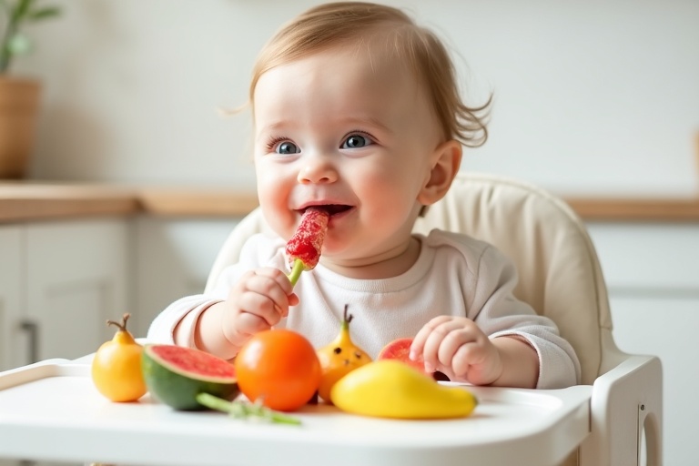 Bebé feliz comiendo sus primeros alimentos