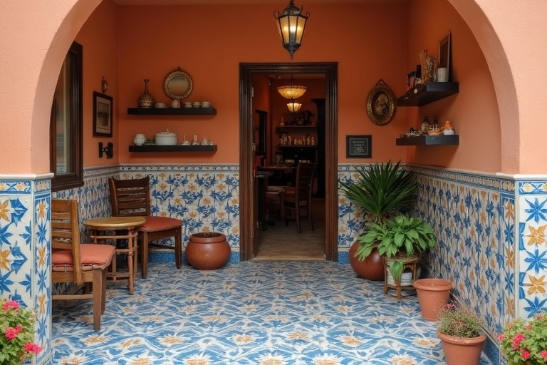 Welcoming mosaic studio entrance with displayed artworks and materials