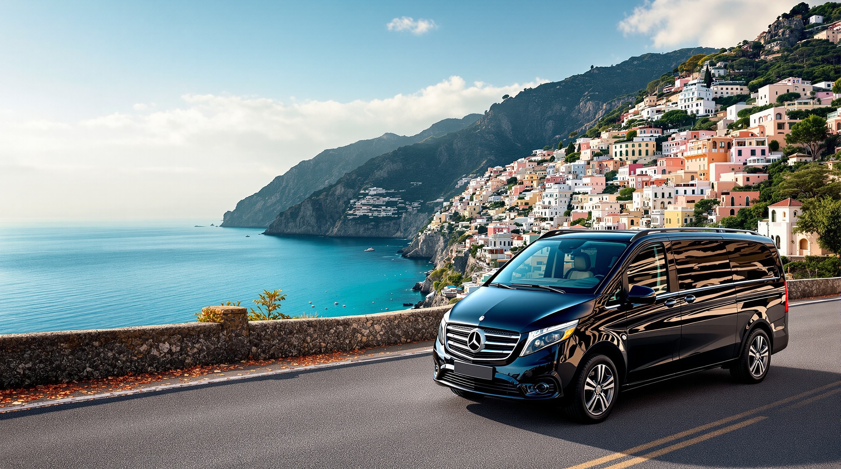 Mercedes Classe V nero con panorama di Positano