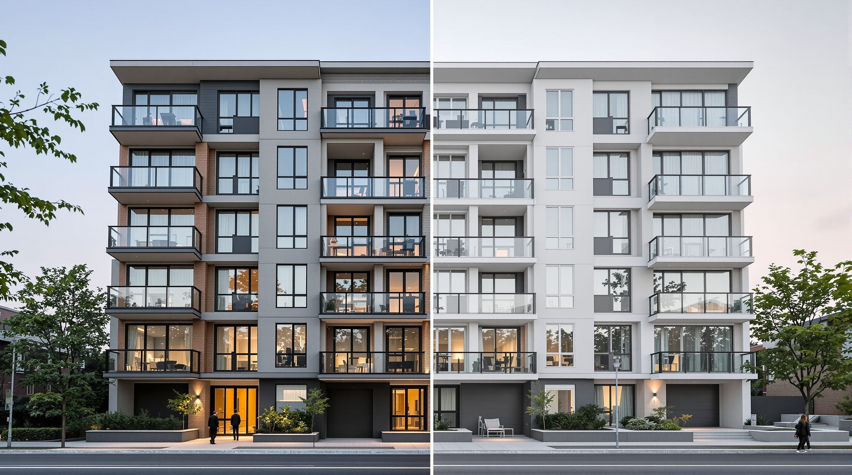 Apartment building AS IS vs remodeled comparison