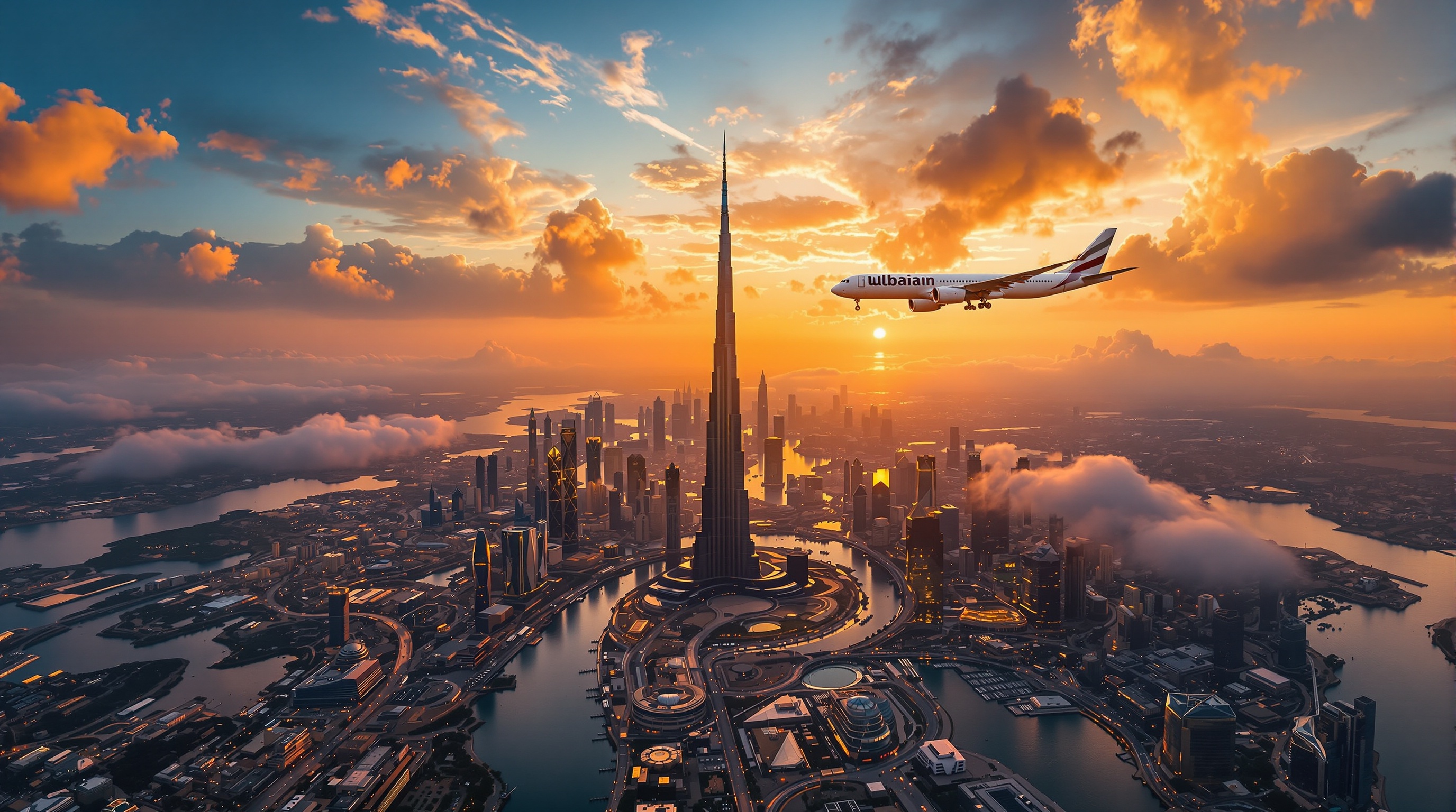 Dubai skyline from airplane