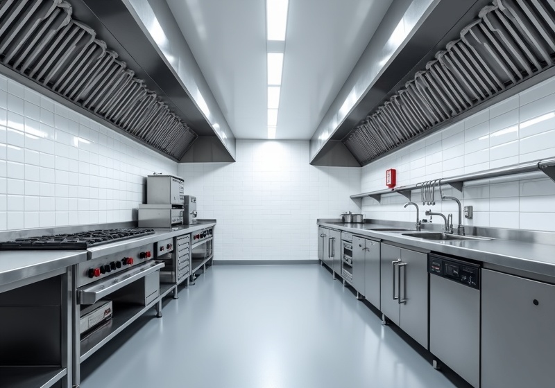 Pristine 304 stainless steel commercial kitchen exhaust hood canopy over cooking line