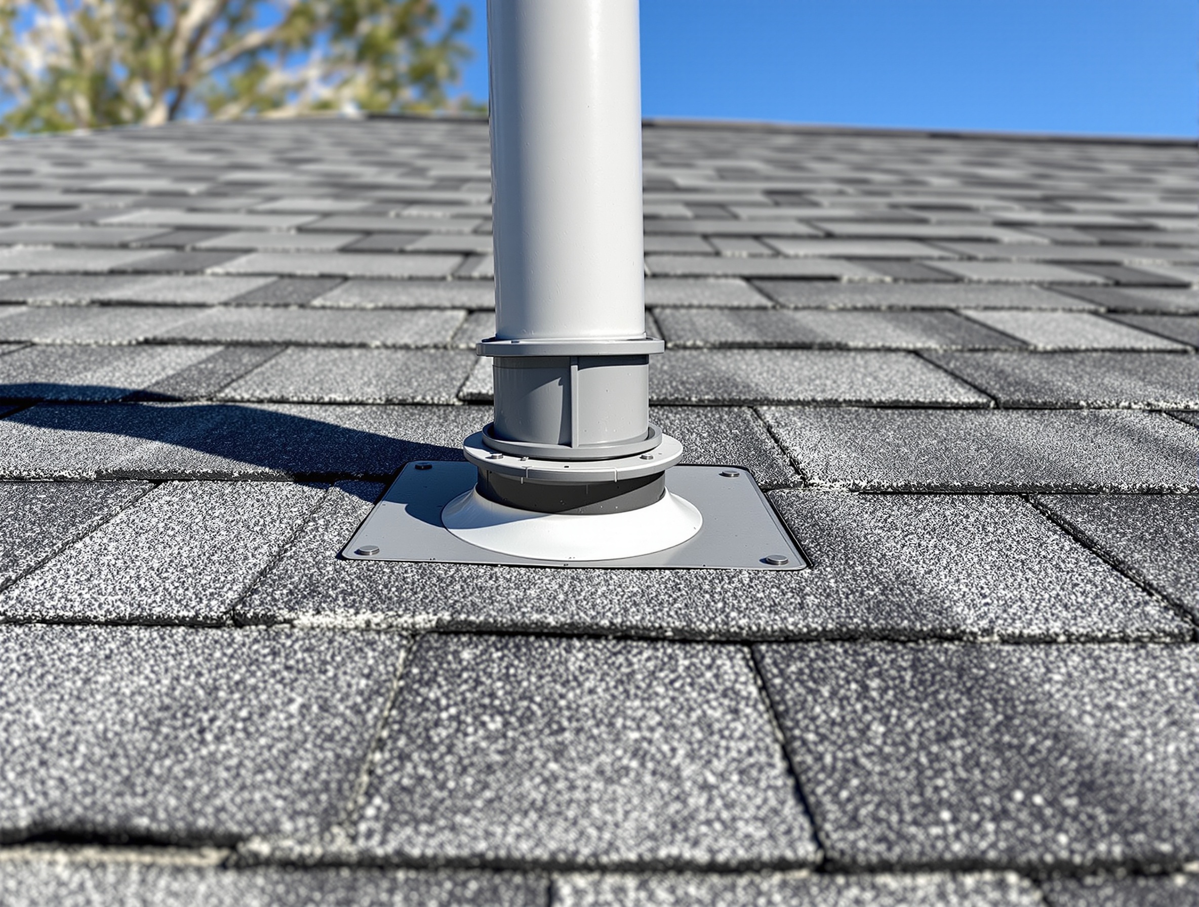 Gray asphalt shingle roof with vent pipe