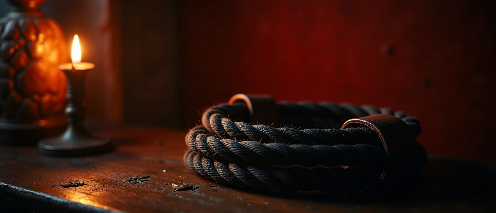Angolo di dungeon atmosferico con corda arrotolata e luce di candela