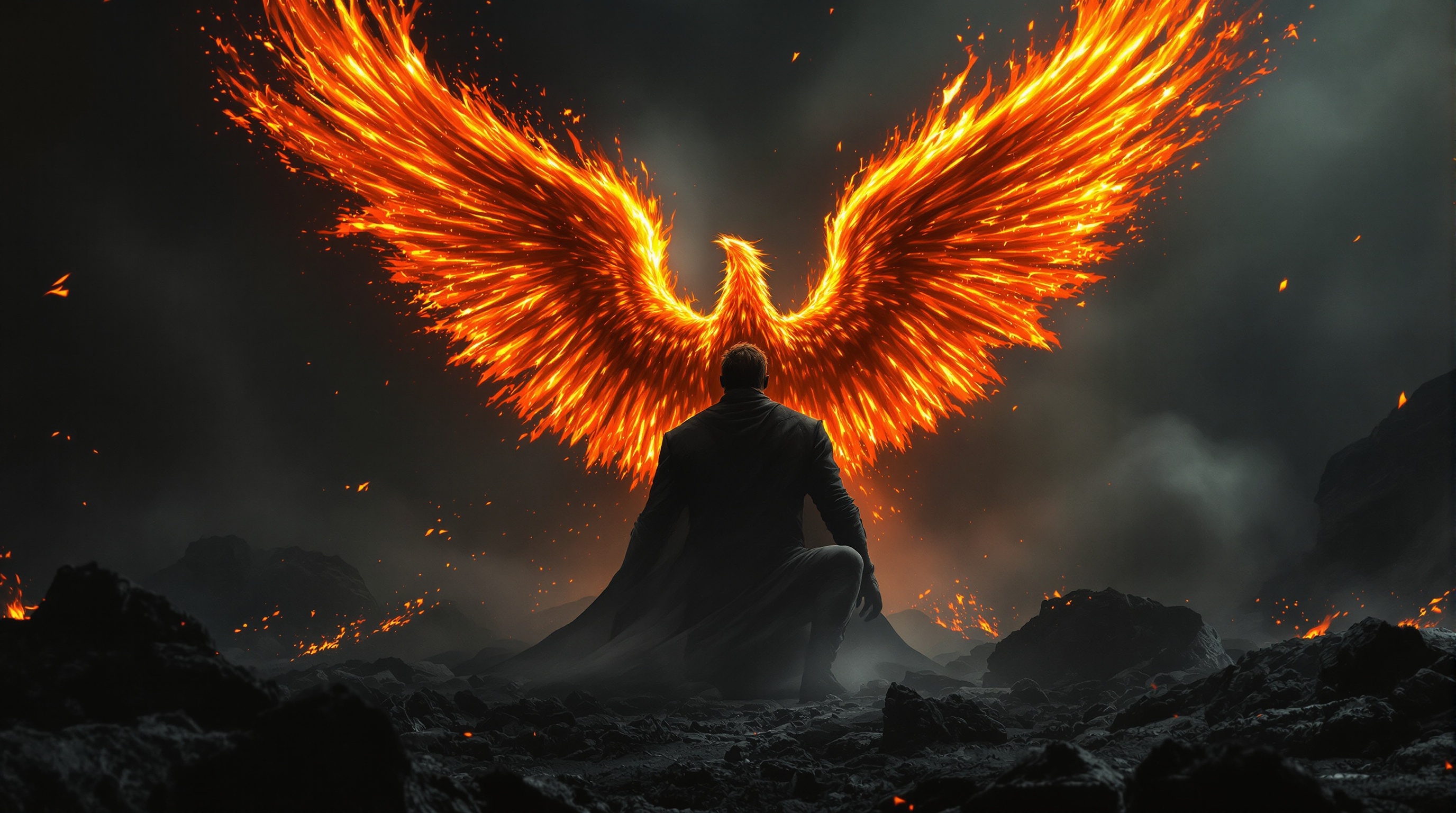 Icarus rising from ash with flaming wings